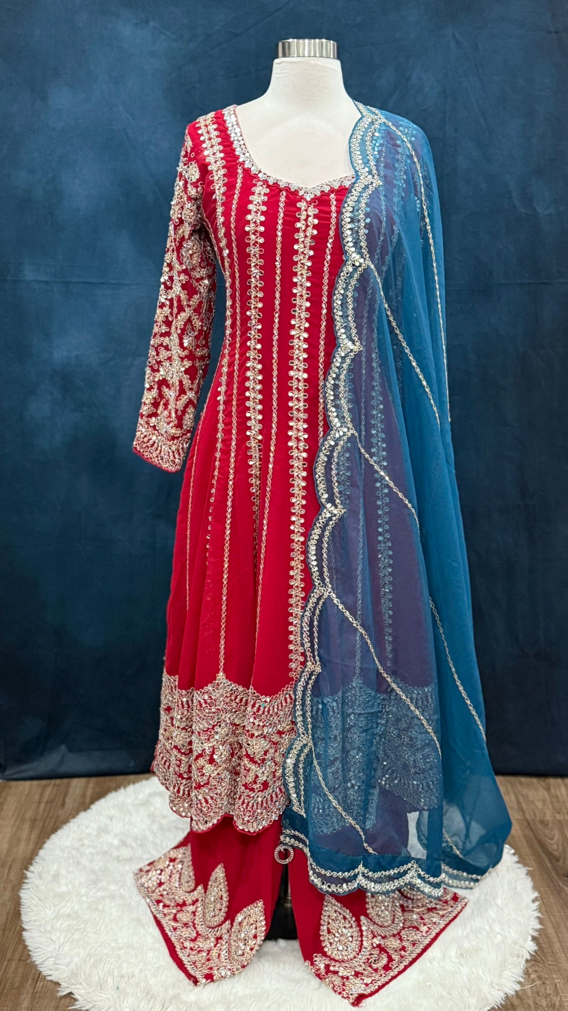 Partywear Mirror Work Anarkali Suit with Palazzo Pants and Blue Dupatta | Red Anarkali Set | Sizes Large (40) & XL (42)