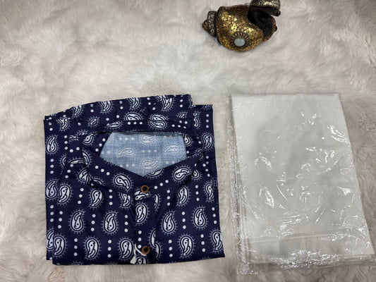 Men’s blue cotton Kurta pyjama print pattern white pant size Medium 38/ XL 42/XXL 44