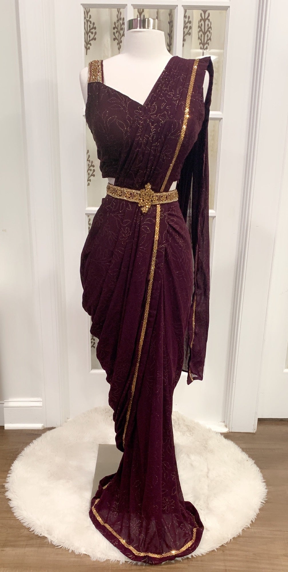 Beautiful Georgette Ready to Wear saree which has a waistband with closure and comes with stitched blouse