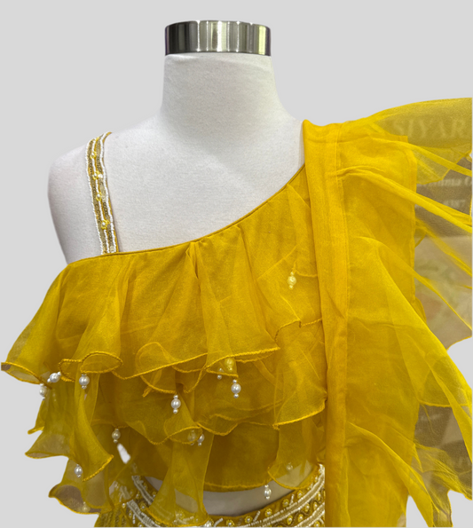 Beautiful Haldi /Party wear dress with sequin Pallazo pant and raffles top styled with raffle Dupatta. Available in size 38(Medium)