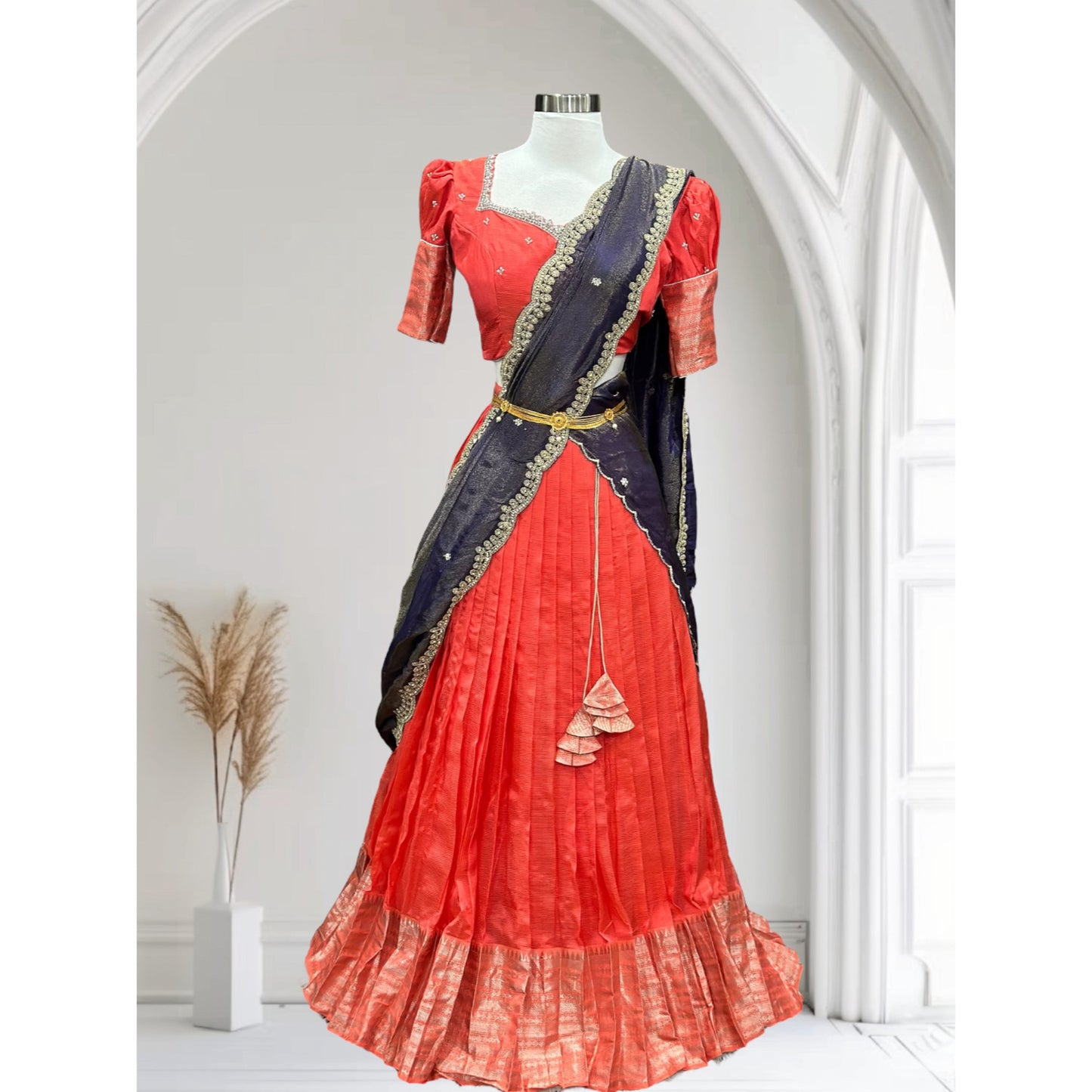 Beautiful orange Customized Mangalagiri half sarees with intricate Maggam work blouses and dreamy tissue or Kalamkari Dupatta
Size available 36 to 40