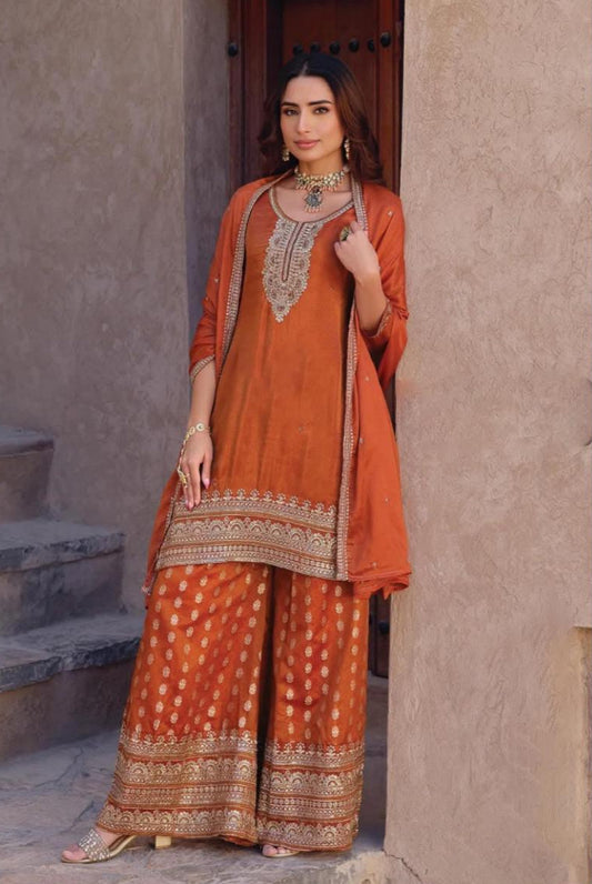 Gorgeous Vibrant Orange Silk Palazzo Set | XL 42 | Embroidered Kurta & Brocade Palazzo with Dupatta | Festive Wedding outfit ready to ship