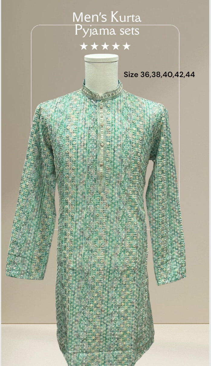 Elegant Men’s green sequin kurta with white pant premium buttons pyjama set perfect for weddings & Diwali parties size 36,38,40,42,44