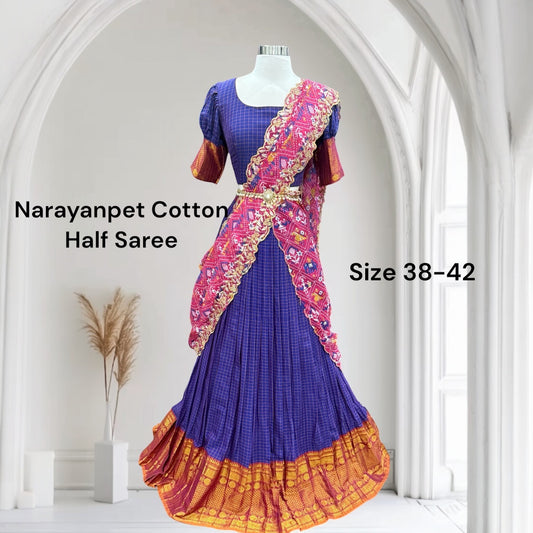 Traditional customized narayanpet cotton half saree , langa voni brinjal Color with zari border size 38 to 42