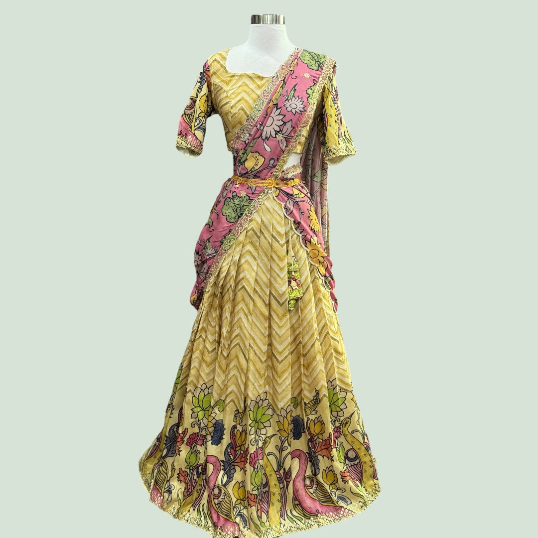Beautiful customized Lehariya Kalamkari pure crepe soft silk half saree in size 38-42.