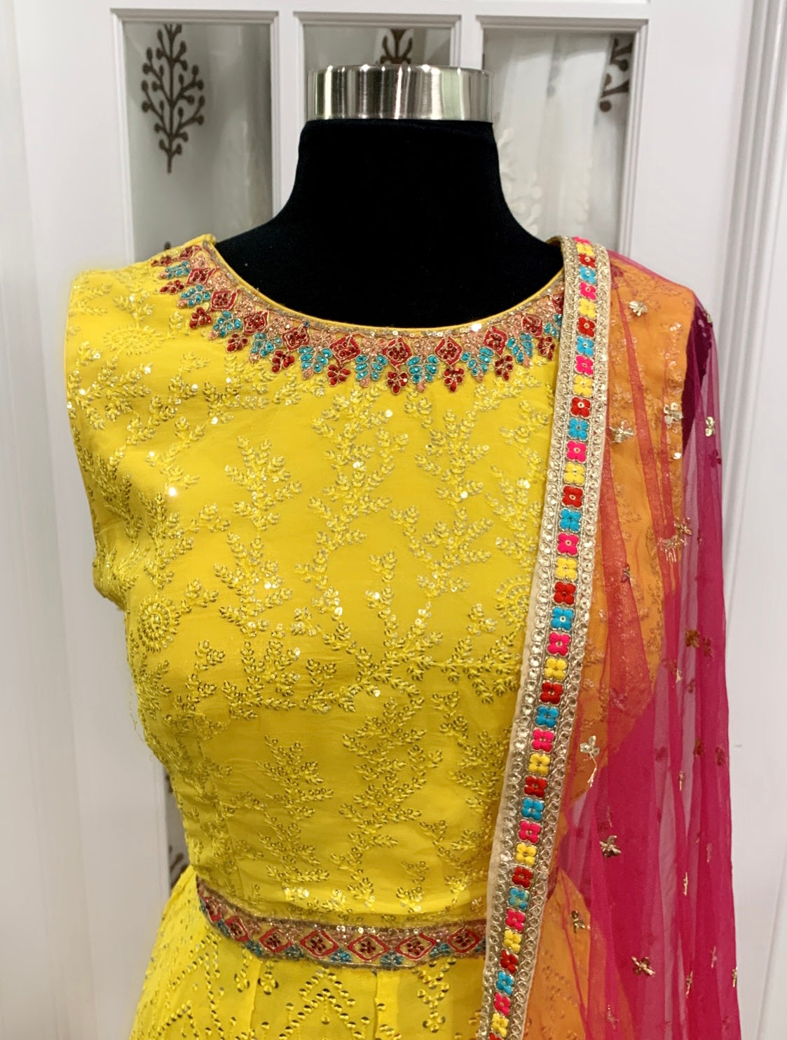 Beautiful Premium quality Georgette yellow Color Long Gown with contrast Dupatta size 42 length 58 in for Haldi / Partywear Outfit