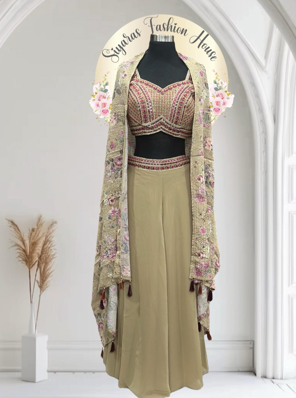 Elegant IndoWestern Croptop Palazzo set mirror work embroidery Partywear outfit size 36/38 ready to ship