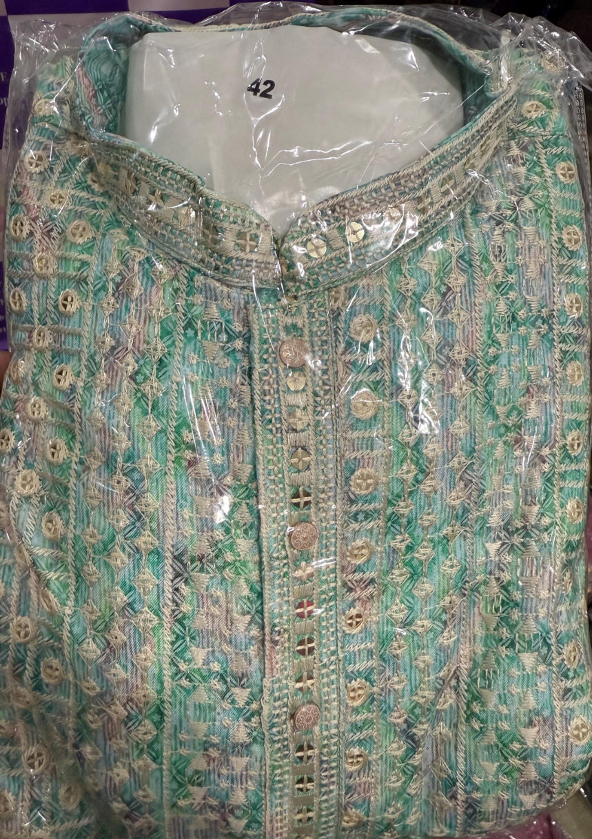 Elegant Men’s green sequin kurta with white pant premium buttons pyjama set perfect for weddings & Diwali parties size 36,38,40,42,44