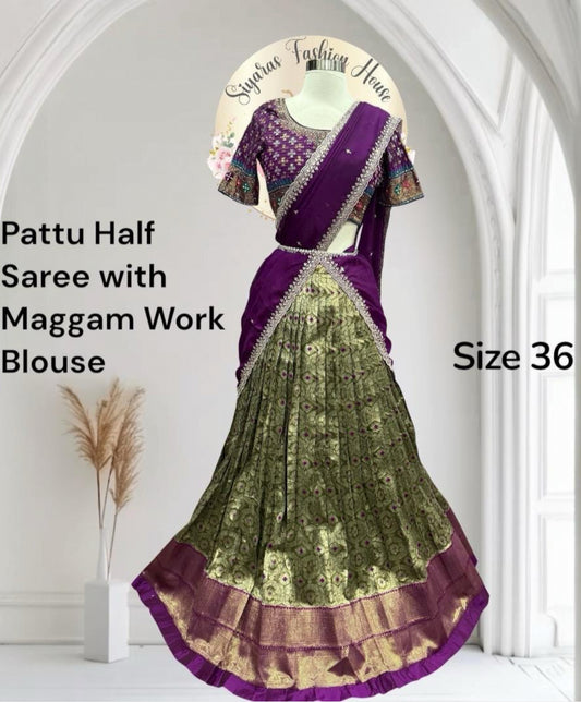 Gorgeous banrasi Half Sarees with Maggam work/Hand work blouse for Teens/Adults. Available in size 36