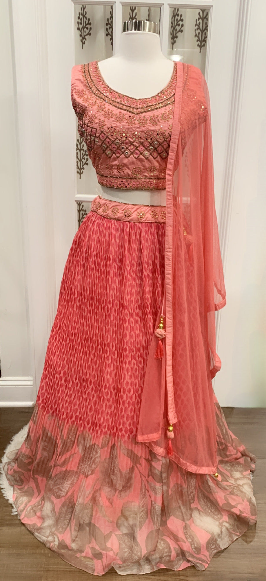 Elegant Partywear peach pink Lehanga in raw silk blouse with handwork and mirror work and chiffon skirt grand looking size XL