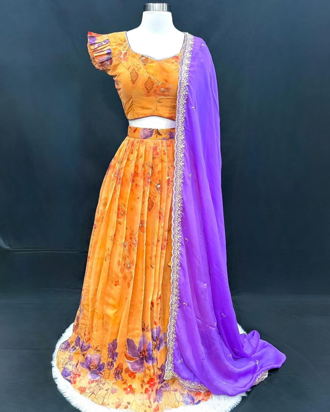 Customized Organza Lehenga / Half Saree in Orange and Purple | Floral Partywear Lehenga | size 36 to 40 | Ready to Ship from USA |