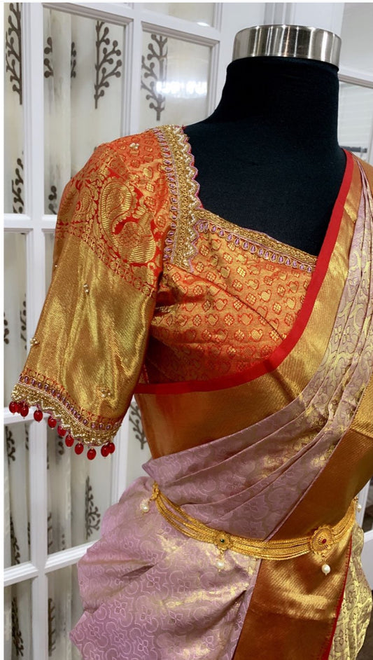 Pure Kanchi Pattu Saree in Lavender and Gold silk mark certified saree with Elegant Maggam work stitched blouse size 38 To 42