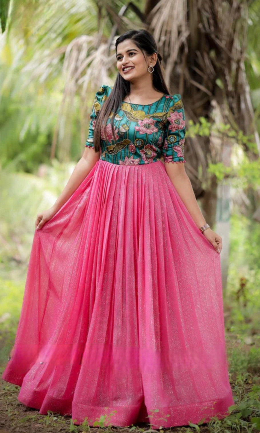 Georgette Kalamkari long gown Partywear with hand work on the yoke. Available in size small 36