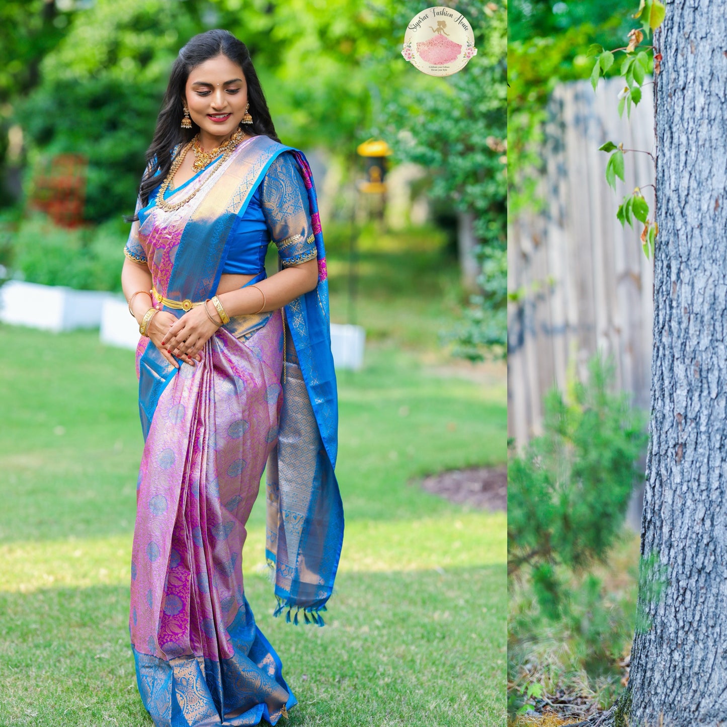 Elegant Kanchi Pattu saree in Light lavender and Blue hues with Maggam work stitched Blouse