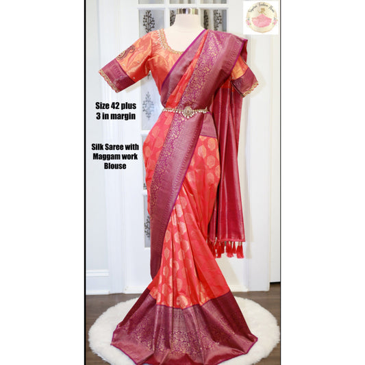 Banarasi Silk Saree with Maggam work Blouse size 42 Ready to ship