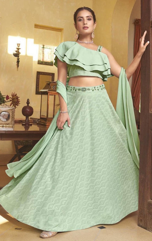 Trendy Stylish attractive work Lehanga set bollywood dress one side ruffles sleeve size 38 Partywear dress Lehanga Ready to ship