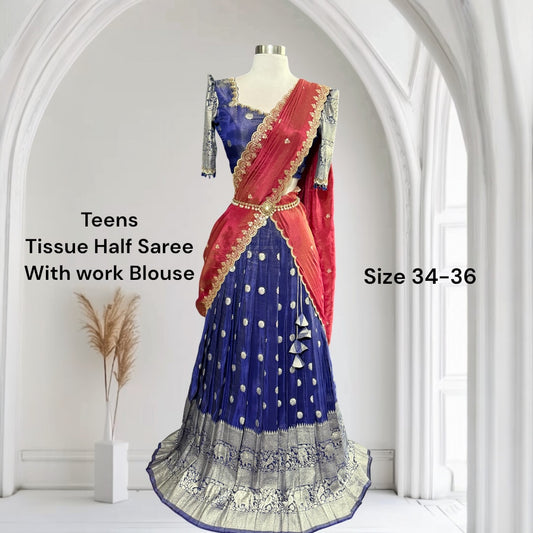 Gorgeous Tissue Half saree with Maggam work in dark blue and coral color dupatta in size 34. Traditional Lehenga.