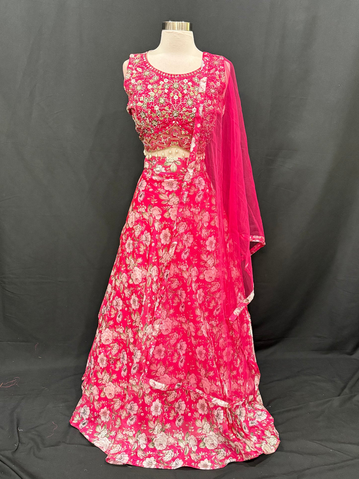 Beautiful Floral Pink organza Lehanga embroidered mirror work blouse perfect for partywear. Available in size 40 fully stiched ready
