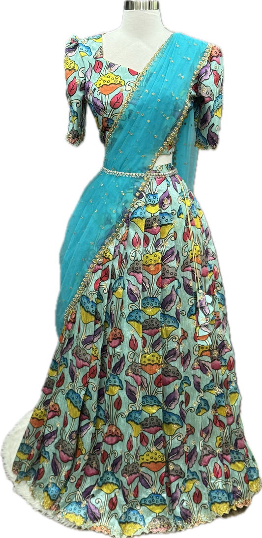 Beautiful Raw Silk Kalamkari Half Saree/ Lehenga. Available in size 42 to 46