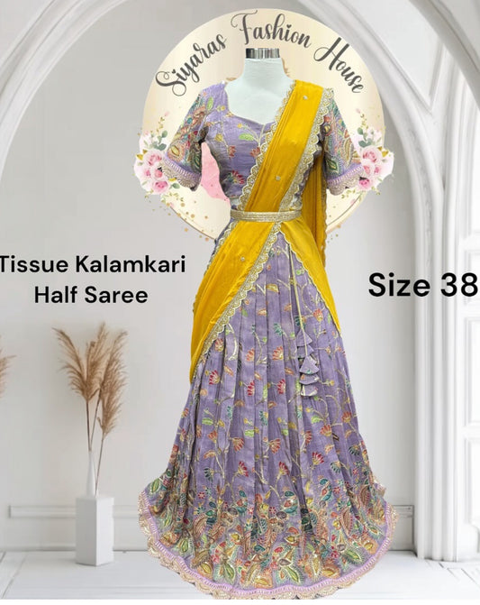 NEW COLLECTION!!
Beautiful Lavender Tissue kalamkari half saree/Lehenga with intricate sequence embroidery paired with matching tissue dupatta for Size 38/40