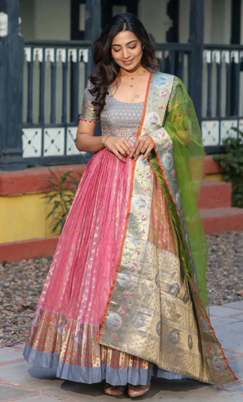 Zari Kota Banarasi Silk Anarkali Long gown with Pethani Border and Maggam Work Yoke Traditional partywear dress Ready to ship free USA