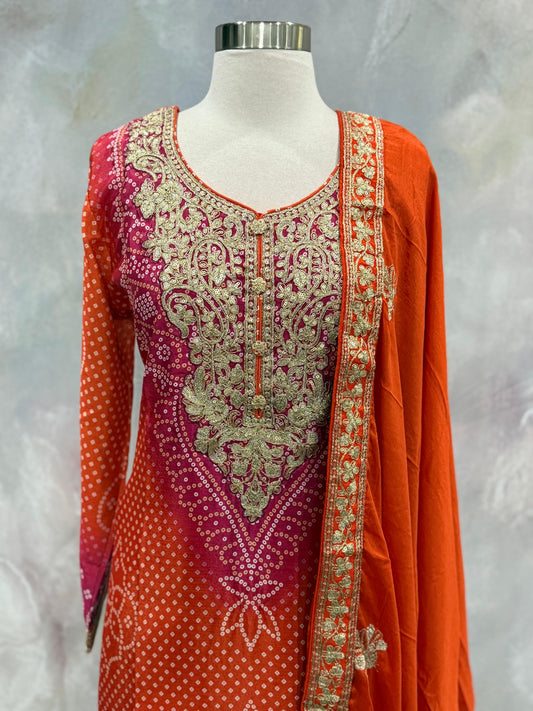 Pure Chinon dual shade orange and pink Partywear Palazzo Suit set sequence Work (Size 44) ready to ship USA, Wedding, Partywear outfit