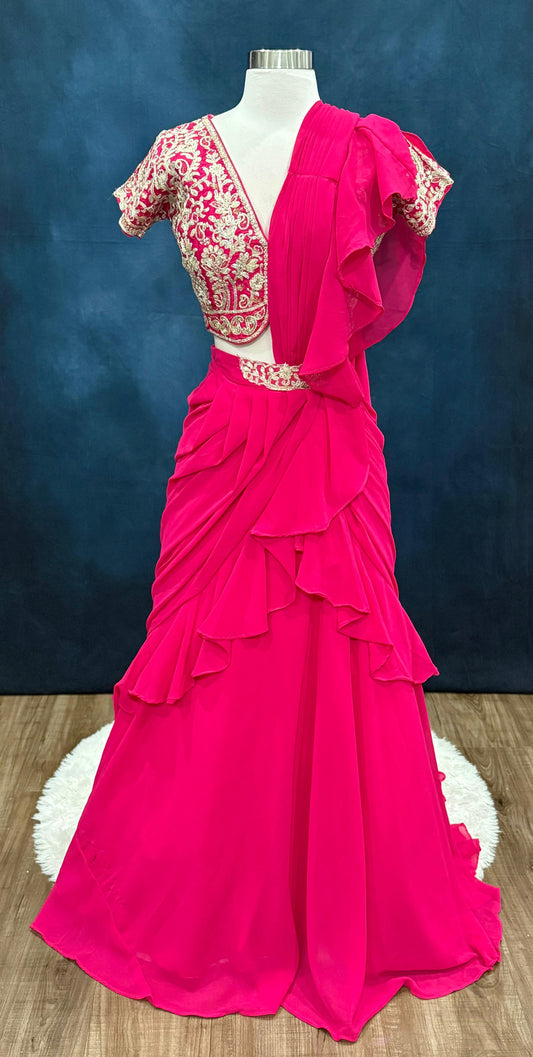 Beautiful Pink Indowestern drape Saree Lehenga. Perfect for party wear and wedding collections. Size fits 36 and 38. We can alter the size if needed.