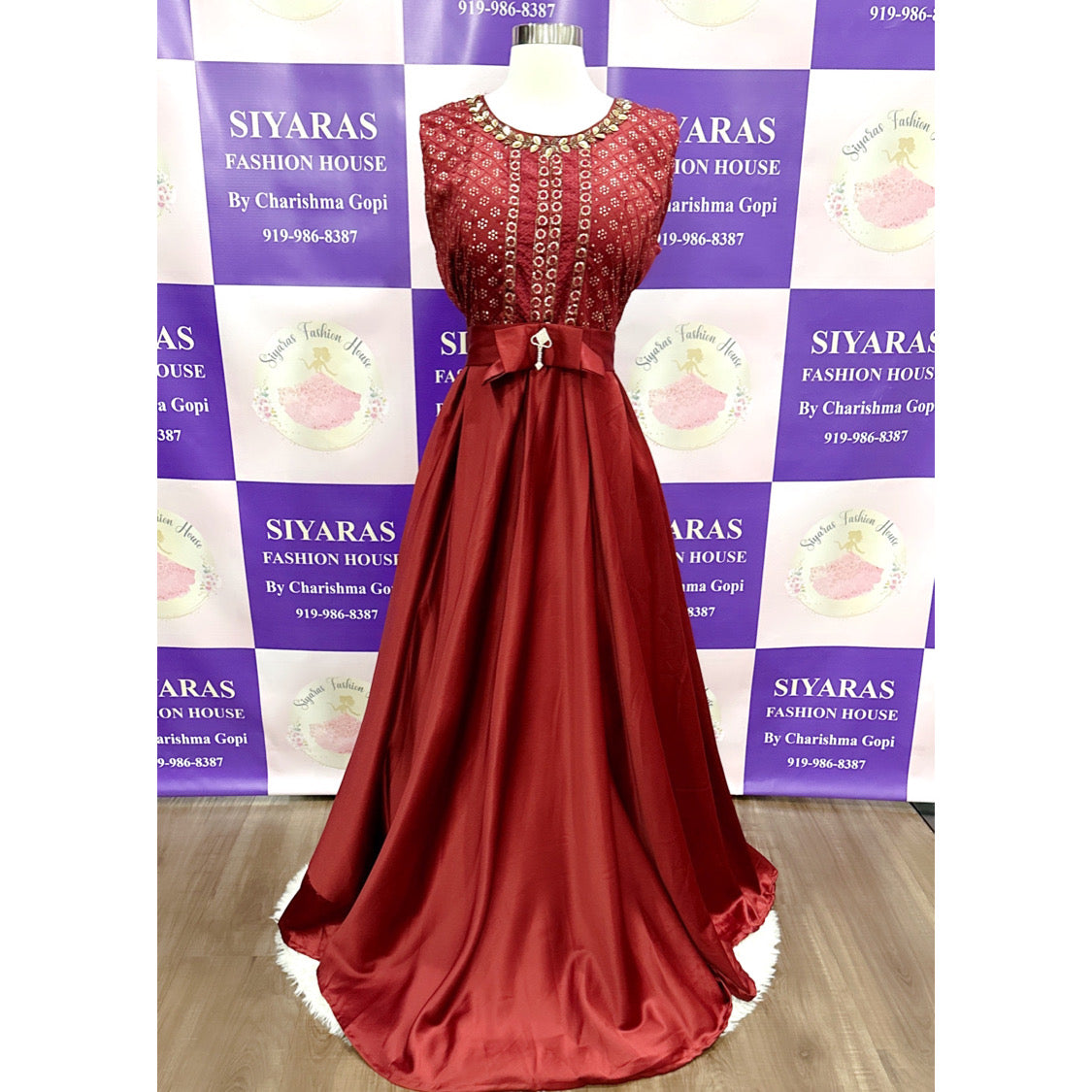 Garnet luxury Satin Gown with delicate sequin embroidery floor length gown size 44