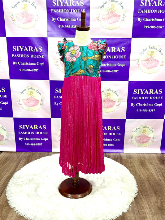 Beautiful Kalamkari hand work gown for kids. perfect for party wear. Available in chest size 24. Gown length is 34. Fits for 4 to 5 years