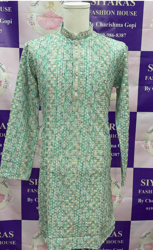 Elegant Men’s green sequin kurta with white pant premium buttons pyjama set perfect for weddings & Diwali parties size 36,38,40,42,44