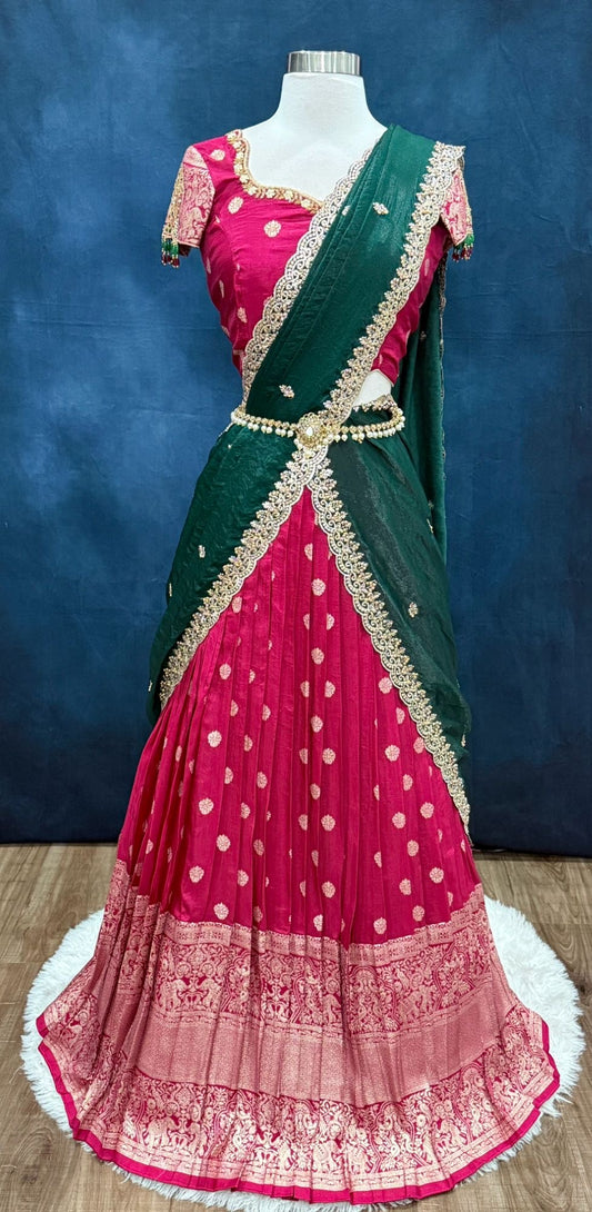 Gorgeous Tissue Half saree with grand Maggam work in magenta pinkwith green color dupatta in size 34. Traditional Lehenga.