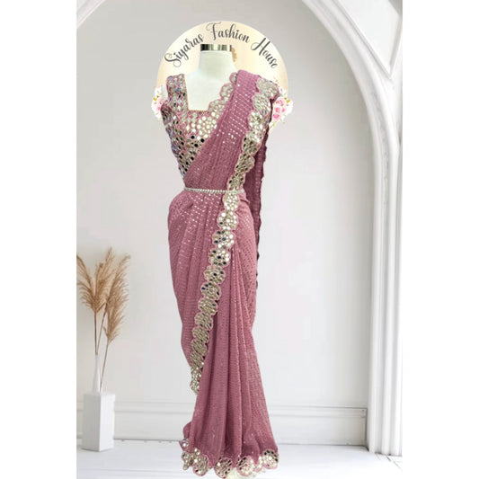 Beautiful sequence party wear saree with real mirror work border in Georgette fabric. Size available is 36/38 upto 42