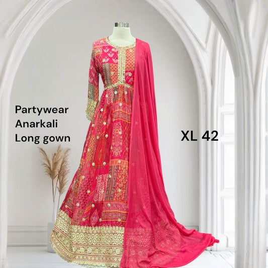 Pink Floral Anarkali sequence Long Gown – Size XL 42, Length 60 in 💖