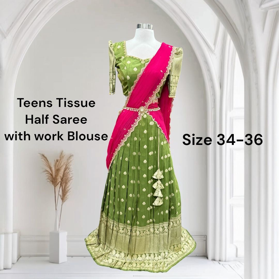 Featuring rich hues of green & pink, Iron pleat finished with shimmering borders for a regal festive look 💫👑
Size 34-38
Maggam work front full and back..