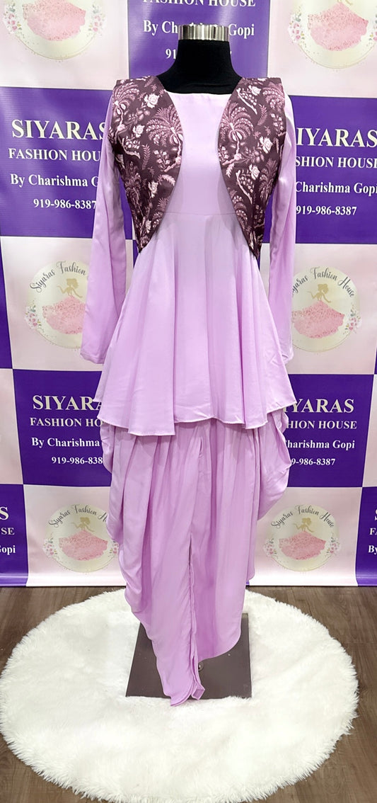 Elegant lavender Dhoti Style Dress with peplum top and Kalamkari Jacket