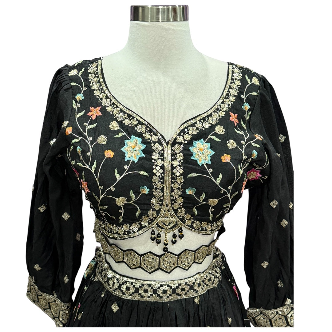 Gorgeous Black Lehanga Choli with multi color sequence embroidery size 38 in chinon fabric, Partywear Dress Ready to ship USA