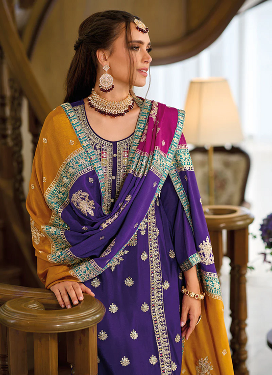 Purple Multicolored Embroidery Pant Style Suit pakistani style suit set ready to ship
