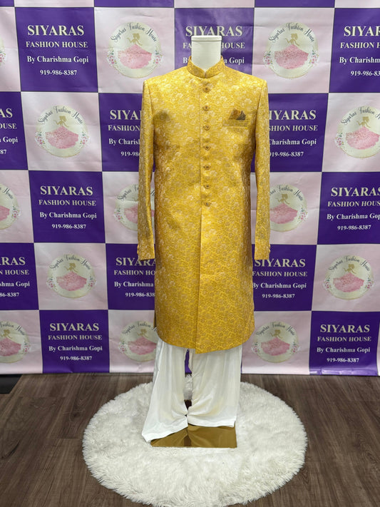 Elegant Men’s Sherwani customized outfit size 44 in banrasi brocade fabric with white pant for wedding, Reception , Sangeet Partywear dress