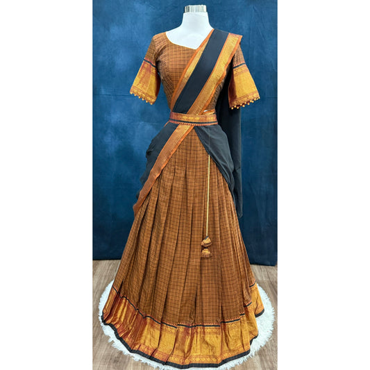 Traditional customized narayanpet cotton half saree , langa voni in brown checks and black color combo size 38 to 42