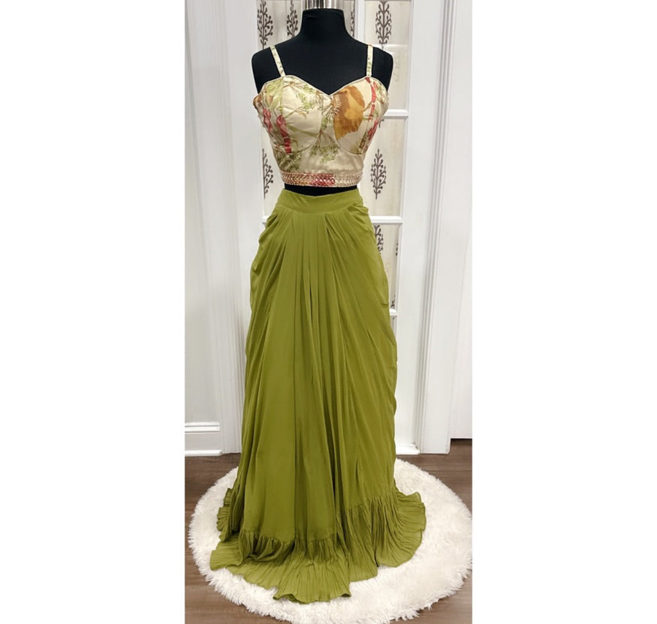 Chic Jacket style IndoWestern croptop Lehanga Mehendi green color size 40 Parywear Wedding outfit Trendy dress| Cocktail|mehendi|Rdy to ship