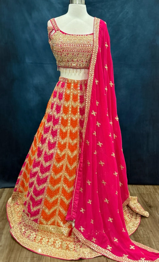Twirl in colors of celebration ✨💖
This vibrant Georgette Lehanga brings together sparkle, tradition & modern glam 🌺🔥💛
Size 40.