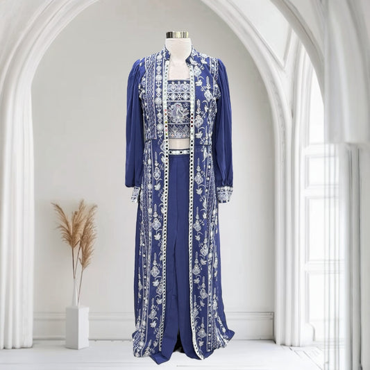 Trendy Croptop Palazzo pant with Long Jacket with Chikankari and mirror work. Available in size 38