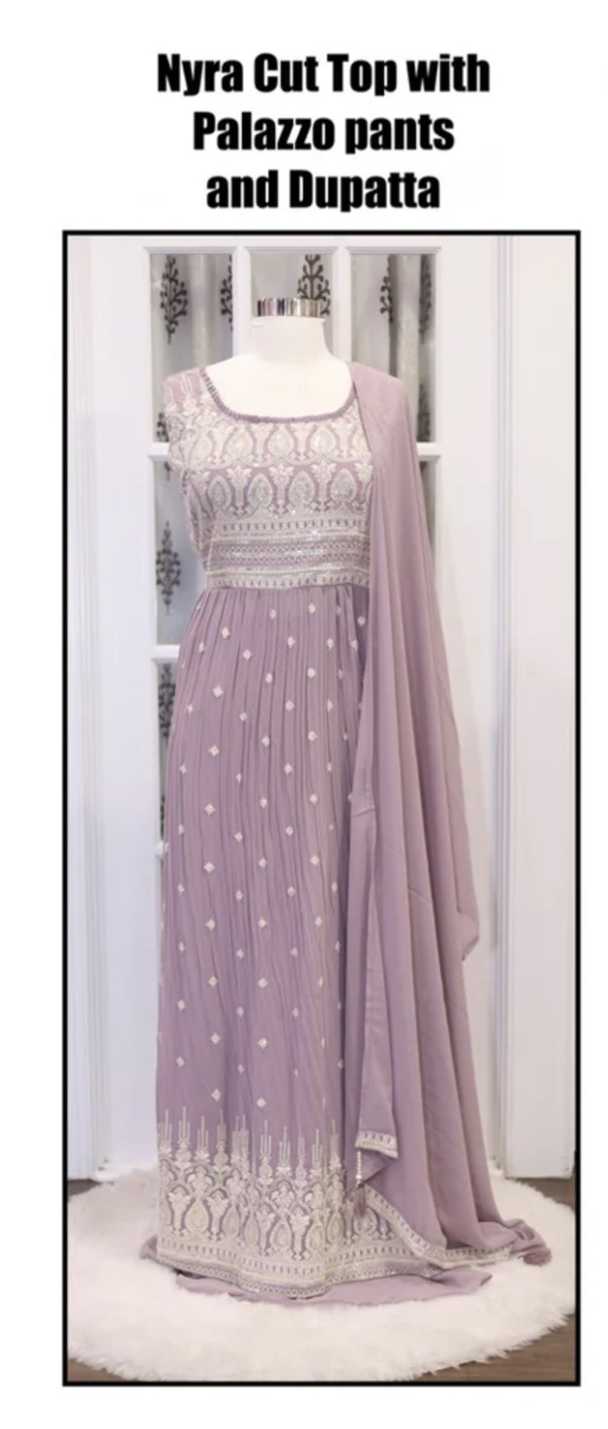 Elegant and comfortable Nyra cut outfit, complete with palazzo pants and a beautiful dupatta! 💃🌟 Sizes pink 42, and Lavender 44.