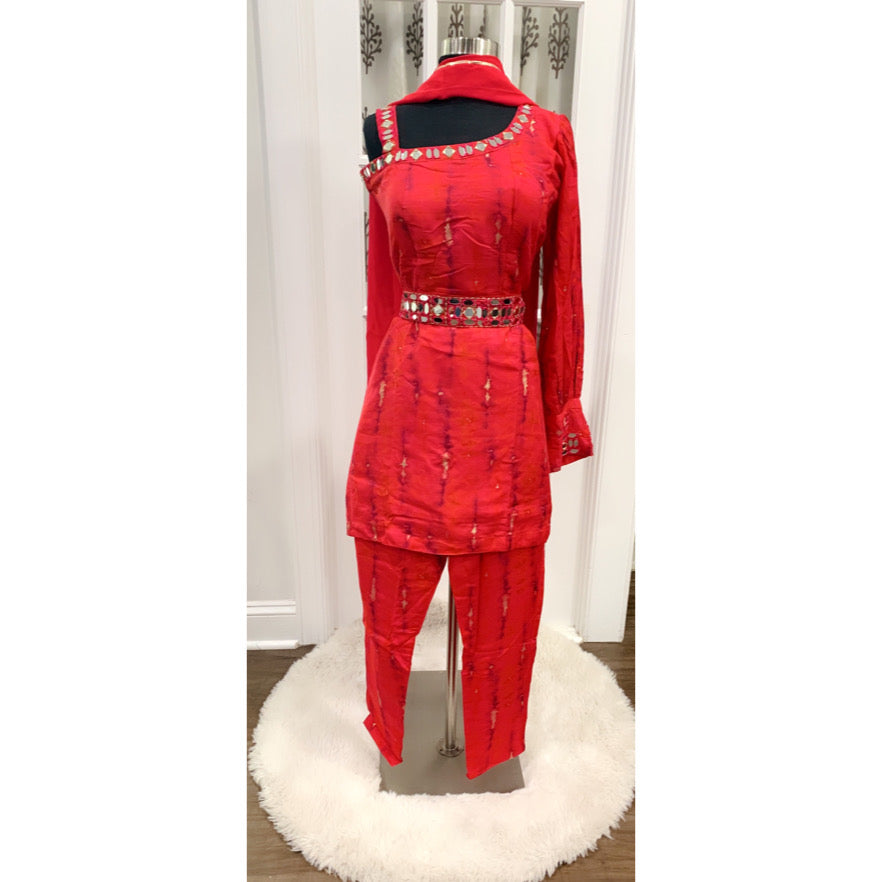 Beautiful red shibori design one shoulder full sleeve 3 pc set with intricate mirror work with waist belt