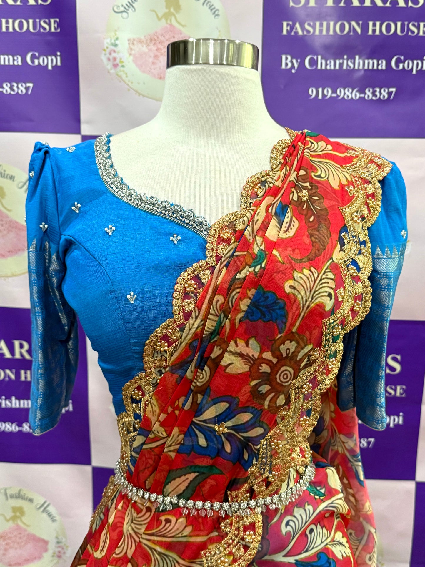 Beautiful Lavender Customized Mangalagiri half sarees with intricate Maggam work blouses and dreamy tissue or Kalamkari Dupatta. Size available is 38/40/42