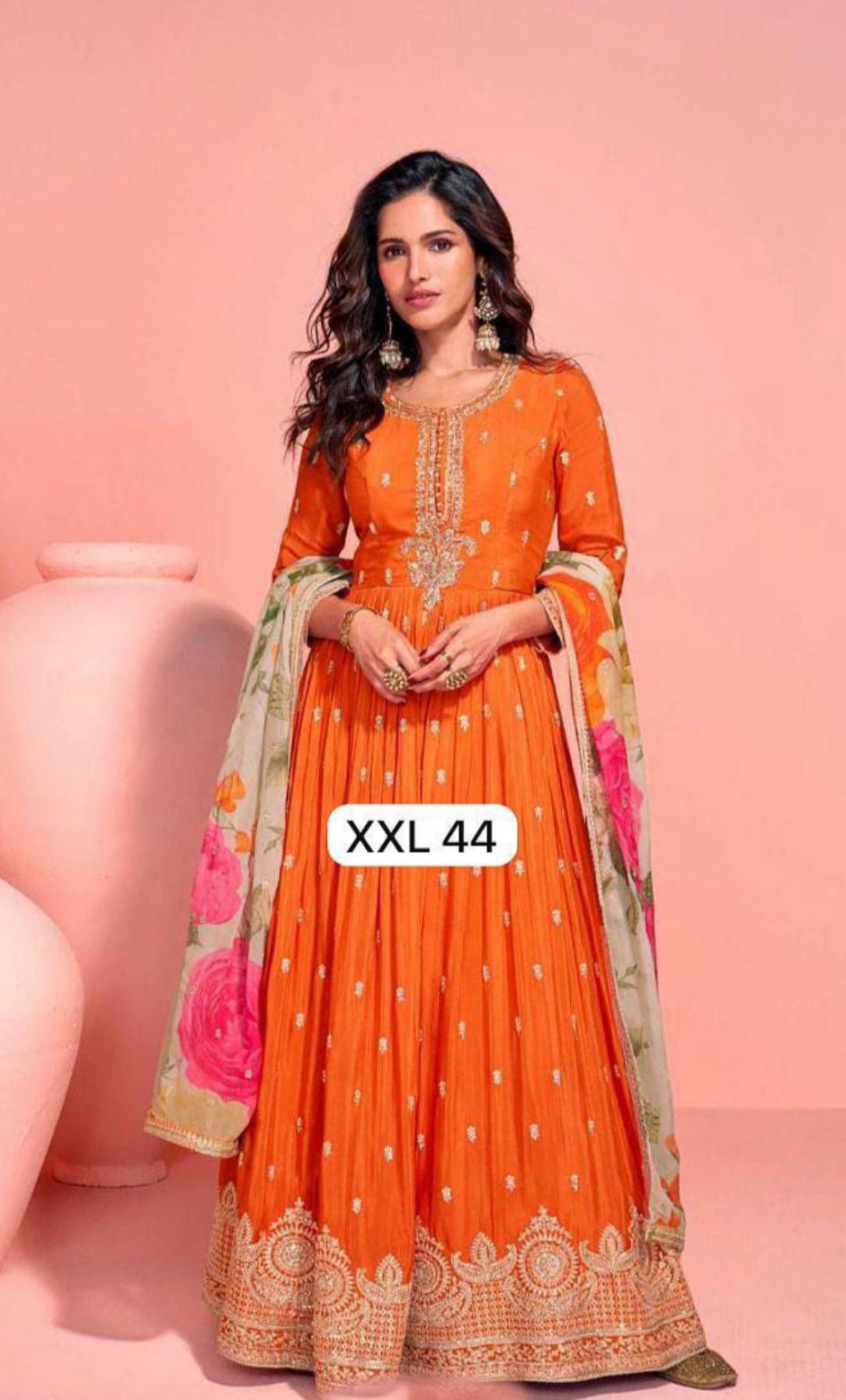 Gorgeous wedding Partywear Anarkali chinon Silk Gown with embroidery and kalamkari floral dupatta with border size XXL 44 long gown