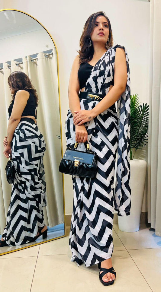 Gorgeous Ready to wear saree size 38 to 40 black and white 80's bollywood Saree with stitched blouse comes with belt ready to ship USA