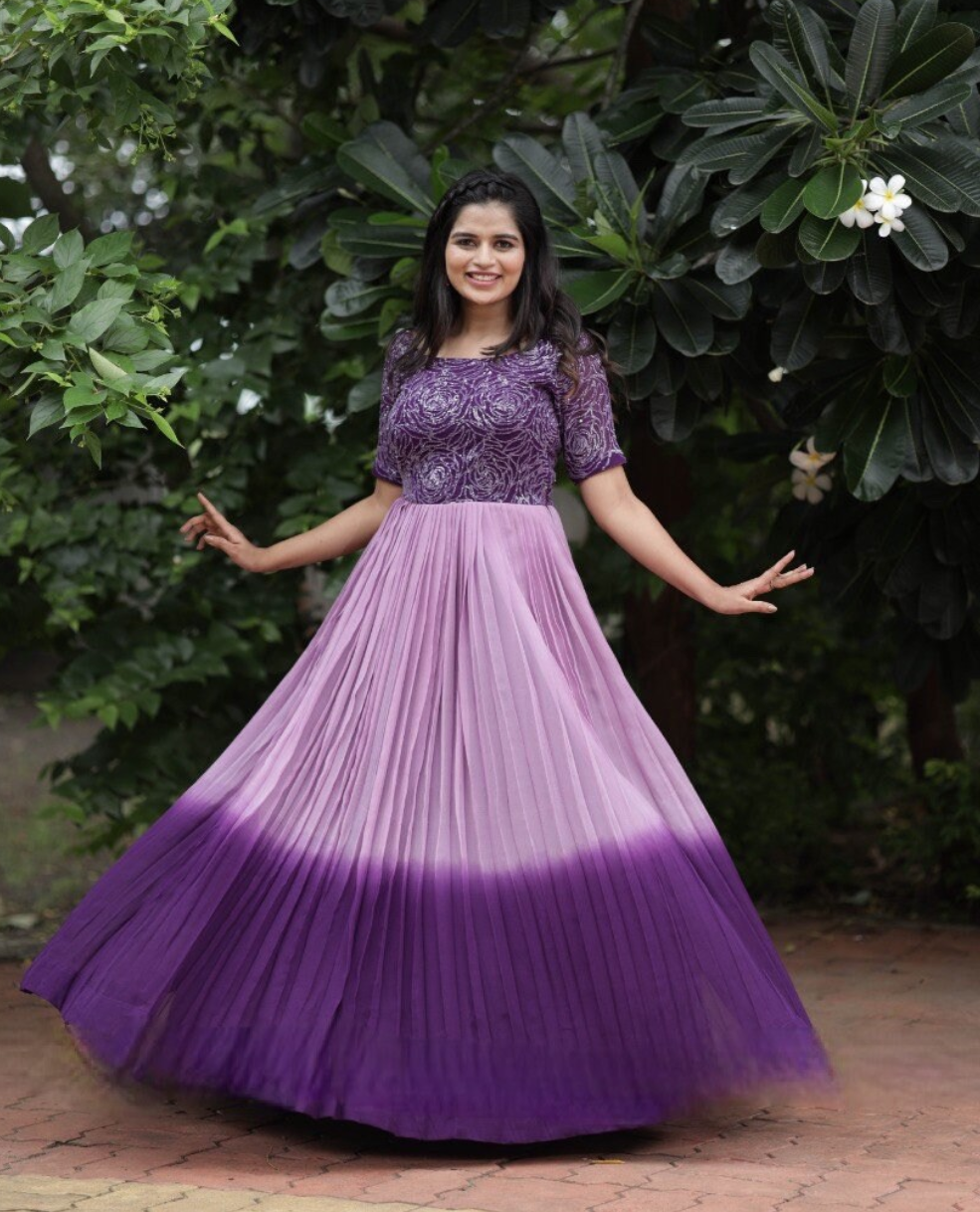 Purple shaded georgette gown tie and dye sequence partywear dress