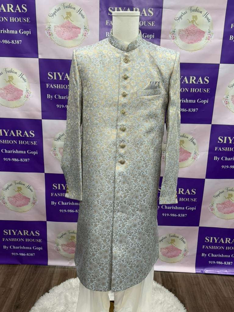 Elegant Men’s Sherwani customized outfit size 44 in banrasi brocade fabric with white pant for wedding, Reception , Sangeet Partywear dress