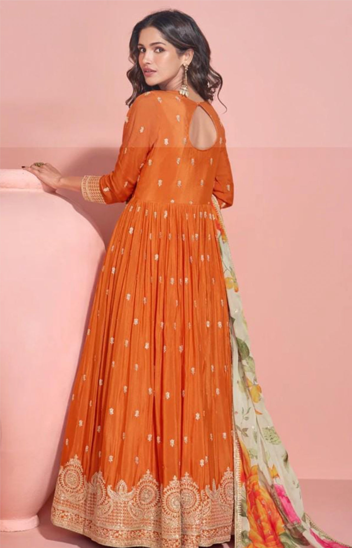 Gorgeous wedding Partywear Anarkali chinon Silk Gown with embroidery and kalamkari floral dupatta with border size XXL 44 long gown